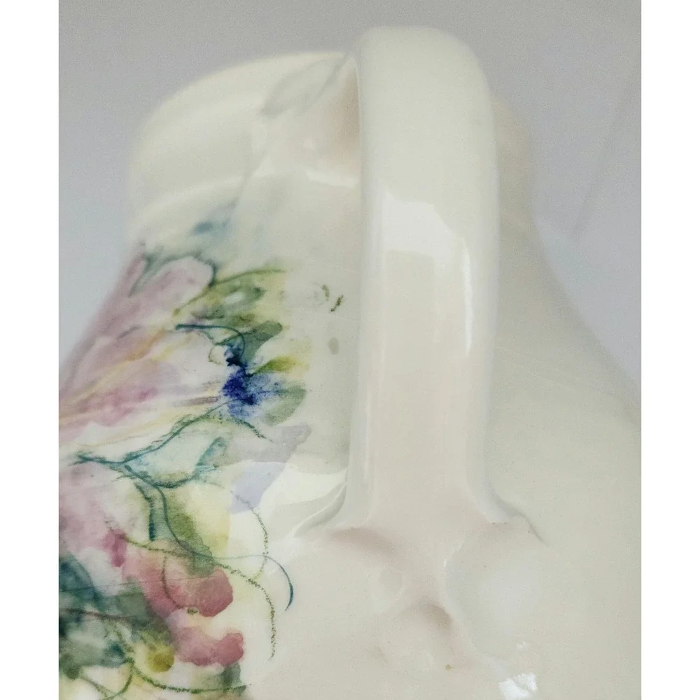 Studio Pottery Floral Pitcher Signed 1986 Cream Lavender Pink Excellent 6in